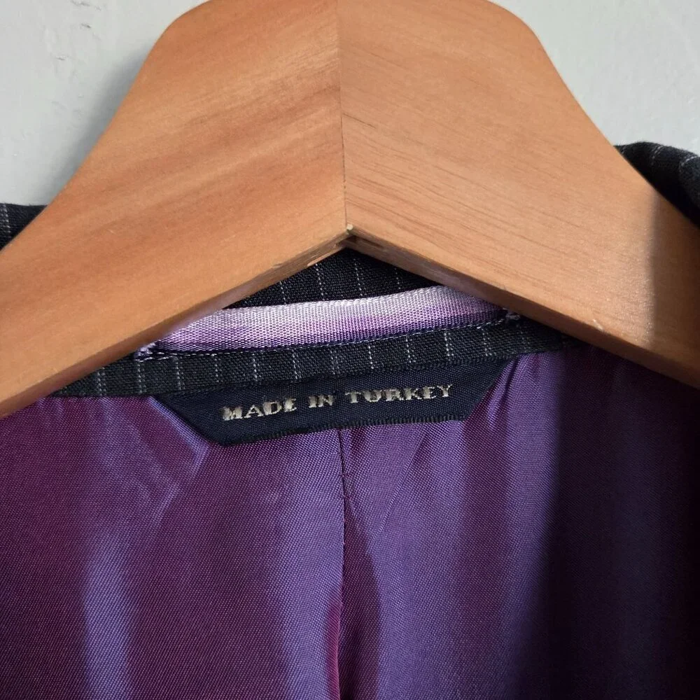 Banana Republic Vintage Y2K 100% Linen Pinstripe Blazer Black 44R Purple Lining
